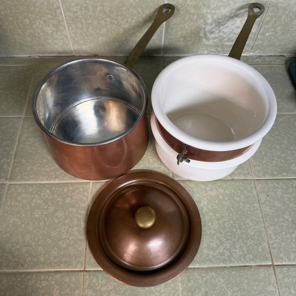 Waldow Brooklyn NY Copper Double Boiler with Ceramic Insert and Brass Handles